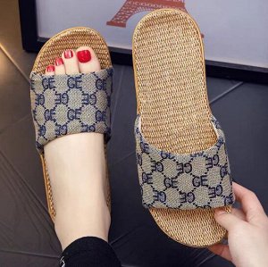 Льняные тапочки с открытым носком с мягкой подошвой с рисунком, синий