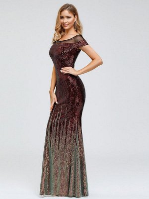 Вечернее длинное блестящее бордовое платье-русалка с короткими рукавами и блестками