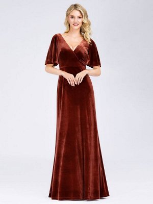 Красное классическое вечернее длинное бархатное платье с короткими рукавами