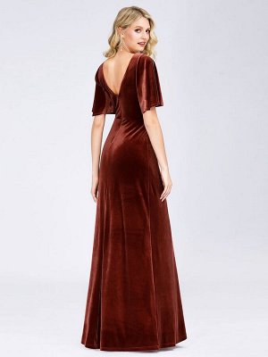 Красное классическое вечернее длинное бархатное платье с короткими рукавами