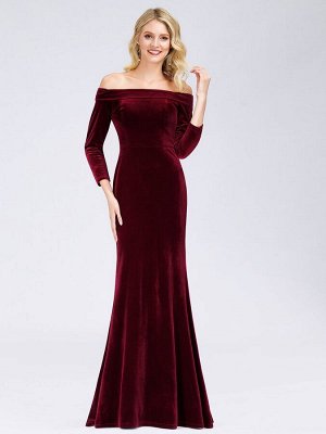 Бордовое классическое вечернее длинное бархатное платье со спущенными рукавами