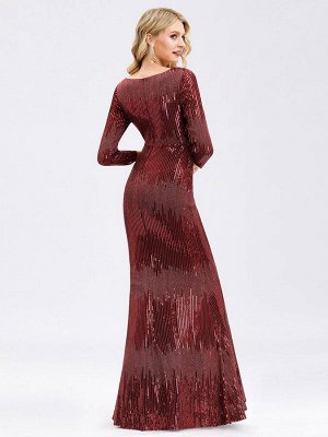 Блестящее бордовое вечернее длинное платье с V-образным вырезом с длинными рукавами