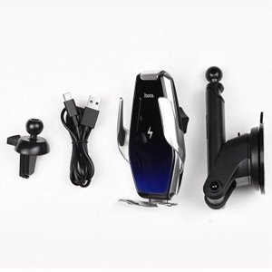 Автомобильный держатель HOCO S14 Surpass, зажимной с беспроводной зарядкой, 15W, на воздуховод/приборная панель/лобовое стекло, черный+серебрянный