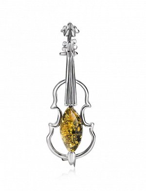 Ажурная серебряная брошь с зелёным янтарём «Скрипка», 907905238