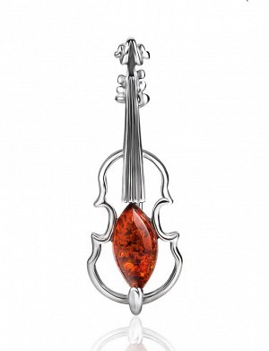 Небольшая изящная брошь «Скрипка» из серебра и янтаря коньячного цвета, 907905239