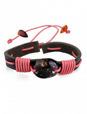 Браслет из чёрной кожи, перевитый розовым шнуром и украшенный янтарём «Копакабана», 905009178