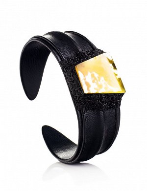 Стильный кожаный браслет с натуральным балтийским янтарём «Нефертити», 905009328