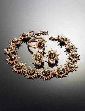 Яркий браслет из позолоченного серебра, украшенный зелёным янтарём «Гелиос», 912605001
