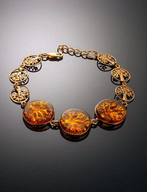 Эффектный позолоченный браслет с янтарём коньячного цвета «Бельтайн», 912605206