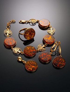 Эффектный позолоченный браслет с янтарём коньячного цвета «Бельтайн», 912605206