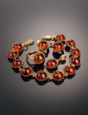 Нарядный позолоченный браслет с натуральным цельным янтарём «Бруния», 912605251