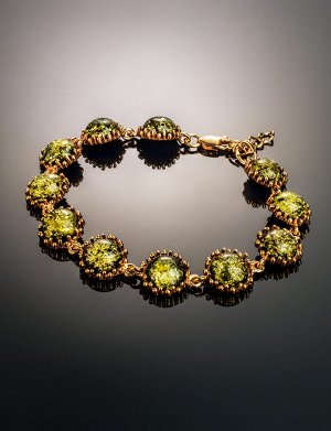 Браслет «Бруния» из позолоченного серебра с янтарём зелёного цвета, 912605258