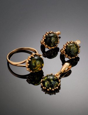 Небольшие серьги из золочённого серебра с зелёным янтарём «Бруния», 910105254