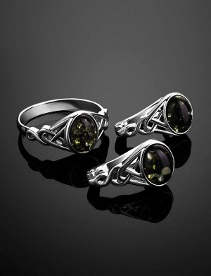 Серебряное кольцо с натуральным сверкающим янтарем зелёного цвета «Фрея», 706309051