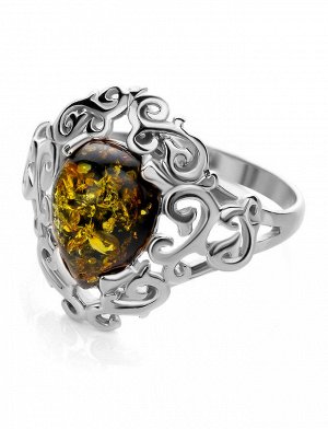 Нарядное кольцо из серебра с натуральным балтийским янтарём зелёного цвета «Луксор»