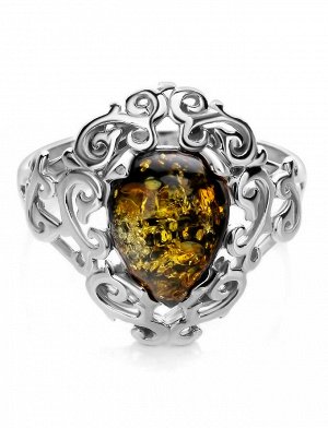 Нарядное кольцо из серебра с натуральным балтийским янтарём зелёного цвета «Луксор»