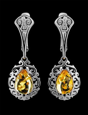 Изысканные серебряные серьги с натуральным балтийским лимонным янтарём «Луксор», 606510246
