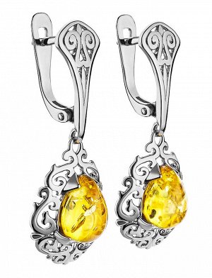 Изысканные серебряные серьги с натуральным балтийским лимонным янтарём «Луксор», 606510246