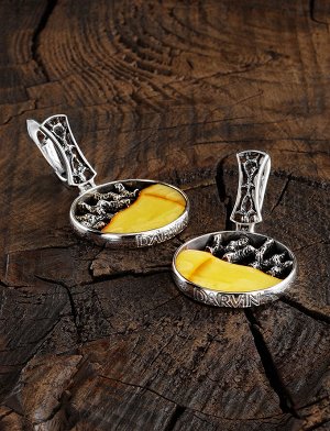 Круглые серьги из серебра с натуральным балтийским медовым янтарём «Модерн», 906506374