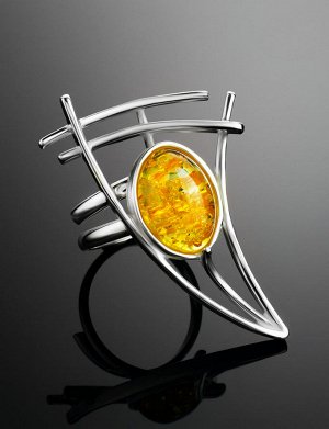 Оригинальное серебряное кольцо «Парус», украшенное лимонным янтарём
