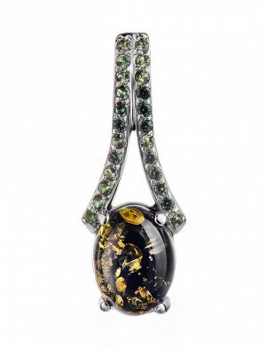 Маленький серебряный кулон, украшенный зелёным янтарём и цирконитами «Ренессанс», 901704515