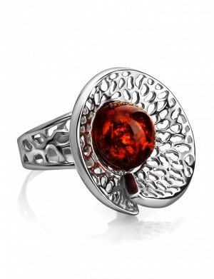 Роскошное крупное кольцо из ажурного серебра с круглой янтарной вставкой коньячного цвета «Венера», 506311150