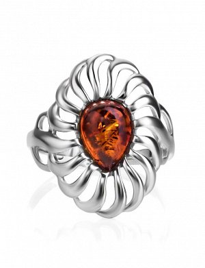 amberholl Яркое ажурное кольцо из серебра и коньячного янтаря «Севилья»