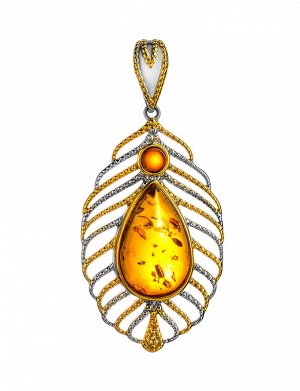 Яркий кулон из позолоченного серебра, украшенный янтарём коньячного цвета «Павлин», 901705060
