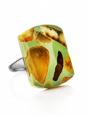 Яркое кольцо «Далматин» из зелёного полимера и натурального янтаря, 908208153