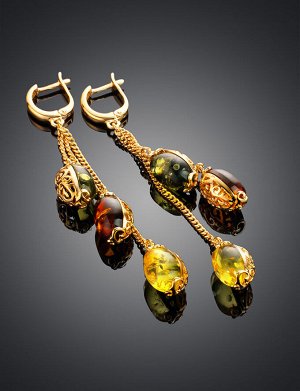 Ажурные серьги из золоченного серебра и разноцветного янтаря «Касабланка», 810104224