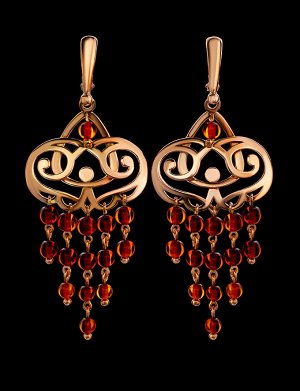 Яркие серебряные серьги в позолоте, украшенные вишнёвым янтарём «Кармелита», 810109006