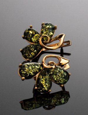 Изящные позолоченные серьги «Сакура» с зелёным янтарём, 910103009