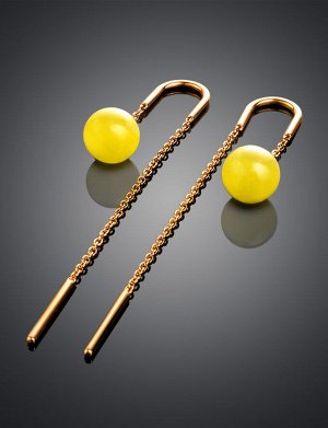 Оригинальные продевные серьги из позолоченного серебра и медового янтаря «Юпитер», 910106358