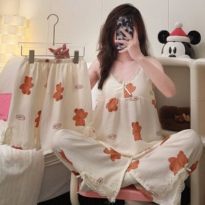 Пижама для дома, женская, костюм тройка, хлопок