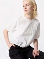 UNIQLO - блузка из ткани сирсакер с коротким рукавом - 01 OFFWHITE