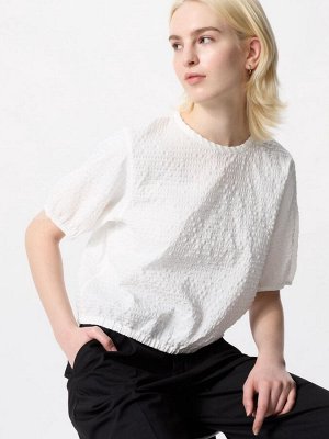 UNIQLO - блузка из ткани сирсакер с коротким рукавом - 01 OFFWHITE