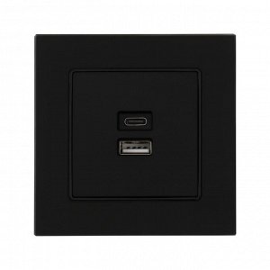 Розетка с USB-A + USB-C разъёмами, 2.1 A, 5В, TOT Matte Glass, скрытая, стекло, черная
