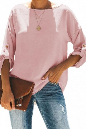 Розовая блуза с круглым вырезом и хлястиками на рукавах