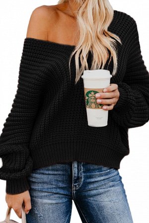 Черный вязаный пуловер с ребристым узором и глубоким вырезом