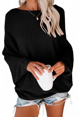 Черный свободный свитер с вырезом-лодочкой и широкими рукавами