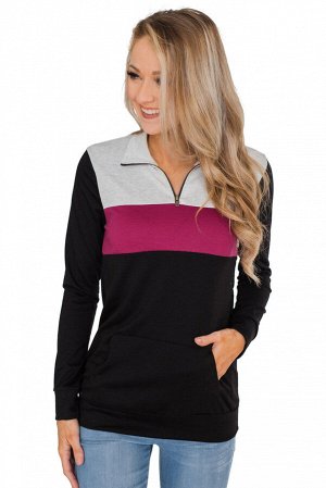 Черный пуловер на молнии с белой кокеткой и розовой полосой
