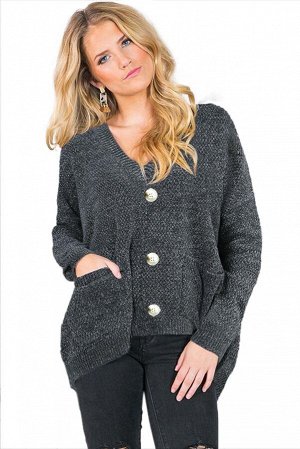 Серый свободный свитер с пуговицами и карманами