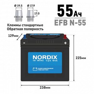 Аккумулятор Nordix N-55/70B24L, 55Ач, CCA 460А, необслуживаемый, технология EFB (стандартные клеммы)