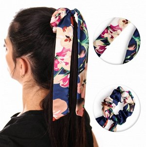 Резинка для волос атласная с лентами и цветочным принтом " NO4 " синяя