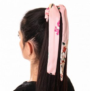 Резинка для волос атласная с лентами и цветочным принтом " NO4 " розовая