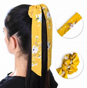 Резинка для волос объёмная с лентами и цветочным принтом " NO10 " лилия жёлтая