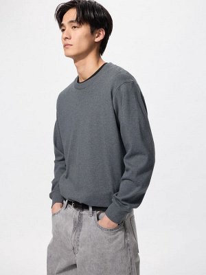 UNIQLO - хлопковая однотонная кофта с круглым вырезом - 08 DARKGRAY