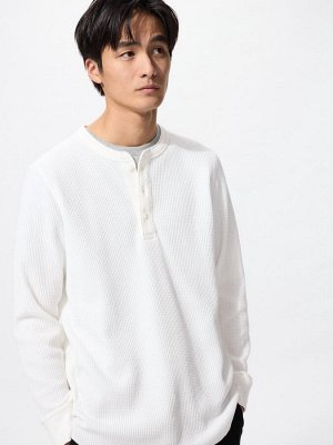 UNIQLO - вафельная кофта унисекс с пуговицами на вырезе - 01 OFFWHITE