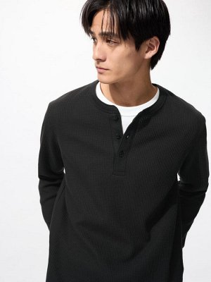 UNIQLO - вафельная кофта унисекс с пуговицами на вырезе -  09 BLACK