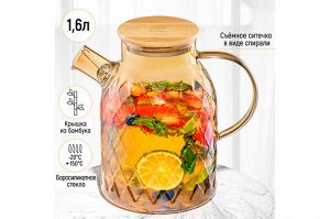 Чайник Crystal Glass 1.6 л с ситом и бамбуковой крышкой, золотистый